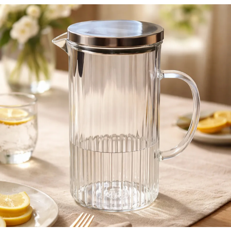 Jarra de Vidro Com Tampa Inox Canelada 1,3L Suco Agua Refresco
