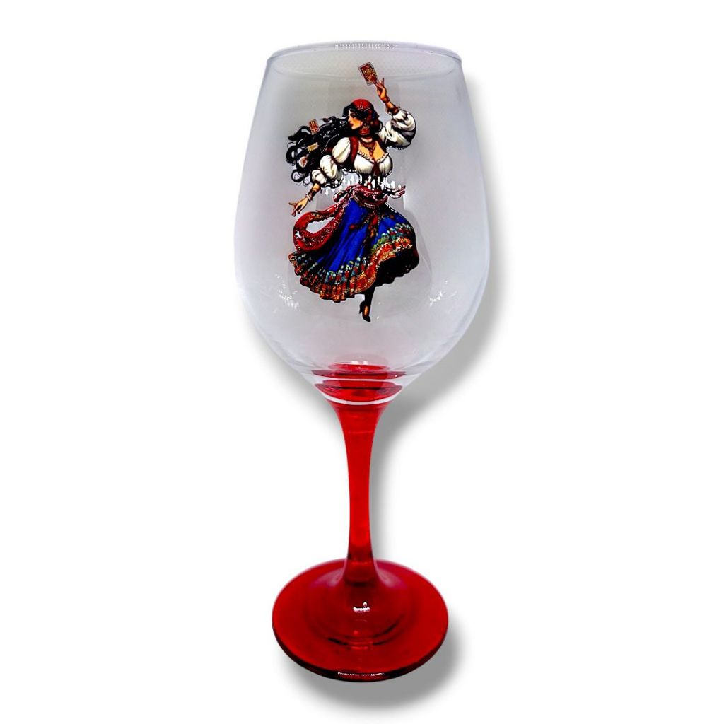 Taça Cigana Dançando Pomba gira Fundo Vermelho Umbanda Oferenda Vinho / Champanhe Altar Vidro Resistente 380ml