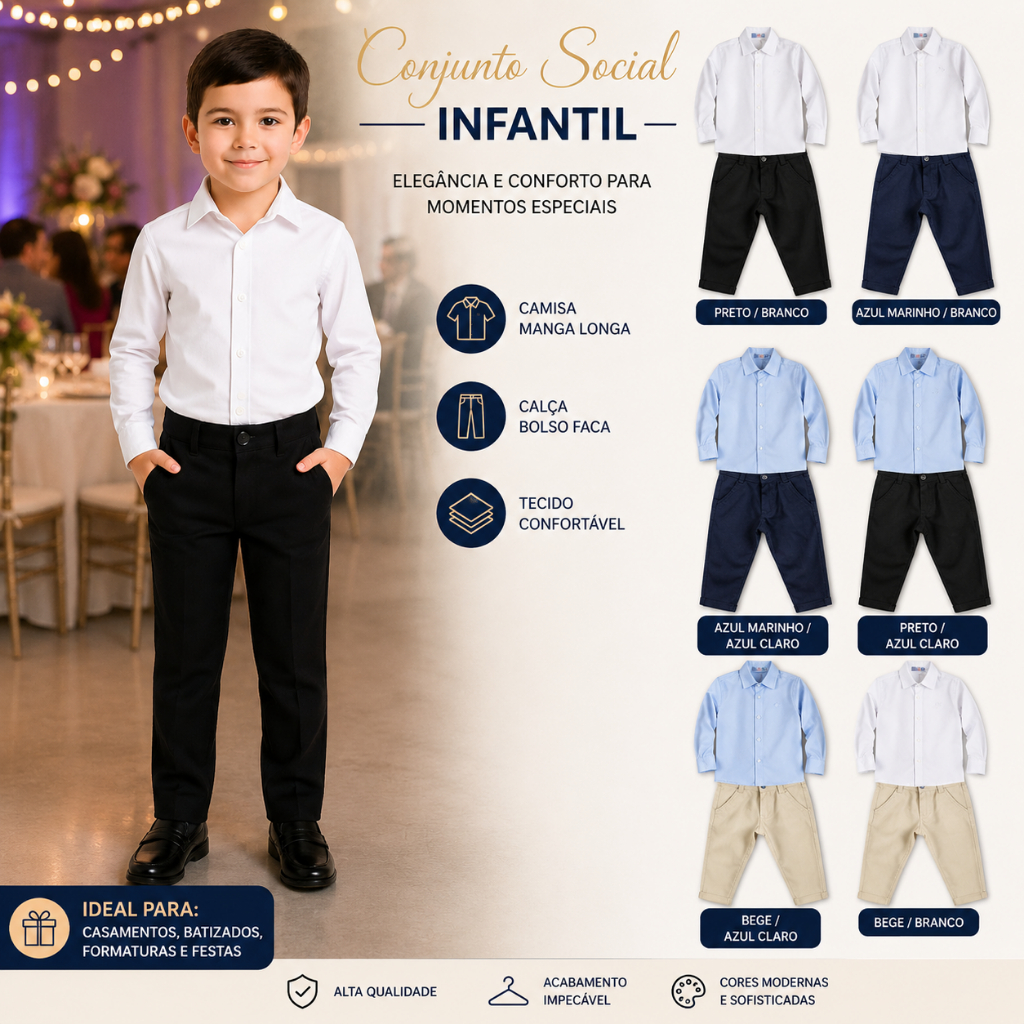 Conjunto Calça Bolso Faca Sarja e Camisa Manga Longa Kit Infantil Social Festa