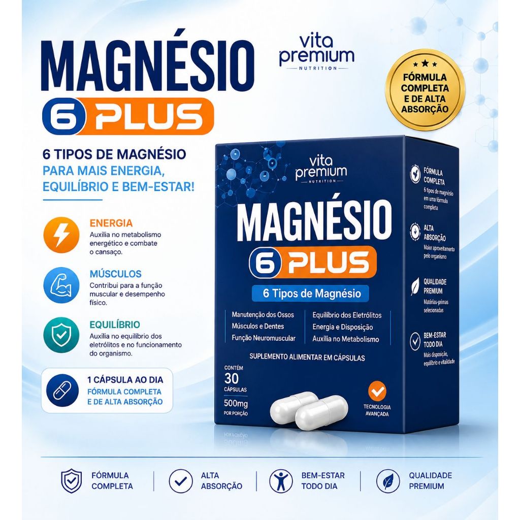 Magnésio 6 Tipos 60 Cápsulas Magneto 6 Plus Alta Absorção Suplemento Energia e Equilíbrio
