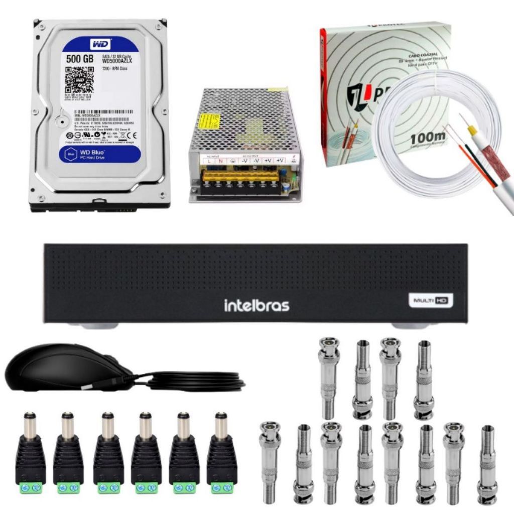 DVR INTELBRAS 1208C DUAL AUDIO 8 CANAIS + 500GB + ITENS DE INSTALAÇÃO PARA 6 CÂMERAS CFTV