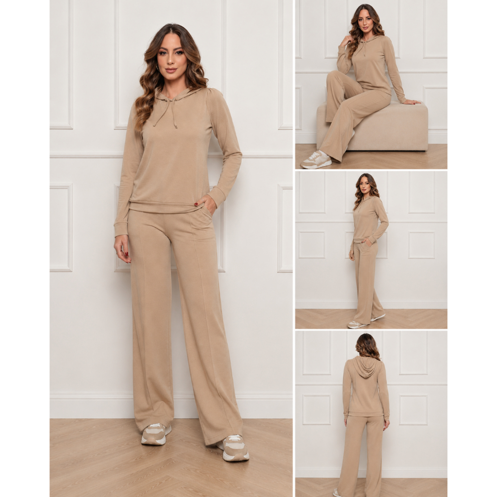 Conjunto Feminino Moletinho com Capuz Calça Pantalona Casual Outono Inverno