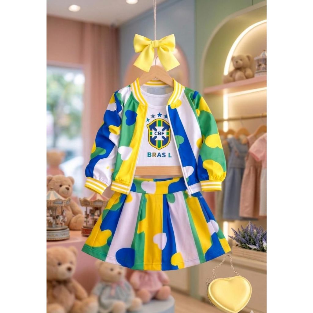 Tri junto 3 Peças Infantil Para Meninas Saia Plissada + Regata e Blusa de frio