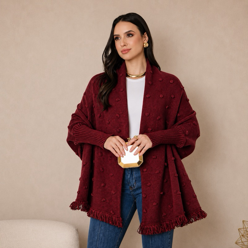 Capa Poncho Tricot Feminino Inverno Moda Tendência Elegante Xale com Franjas Boho Chic Plus Size