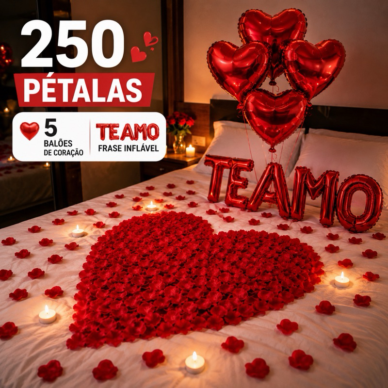 Kit Romântico 250 Pétalas Artificiais + 5 Balão Coração + TE AMO