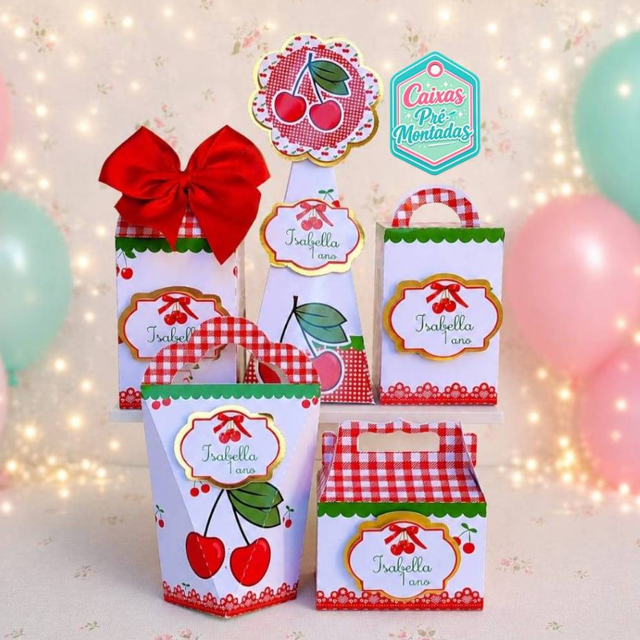 Kit Caixinhas Personalizadas Cerejinha Cereja Apliques 3D Lembrancinha Festa Infantil Aniversário