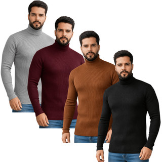 Kit 4 Blusas Cacharrel Masculina Canelada Manga Longa Gola Alta Suéter Masculino Camisa Frio Premium