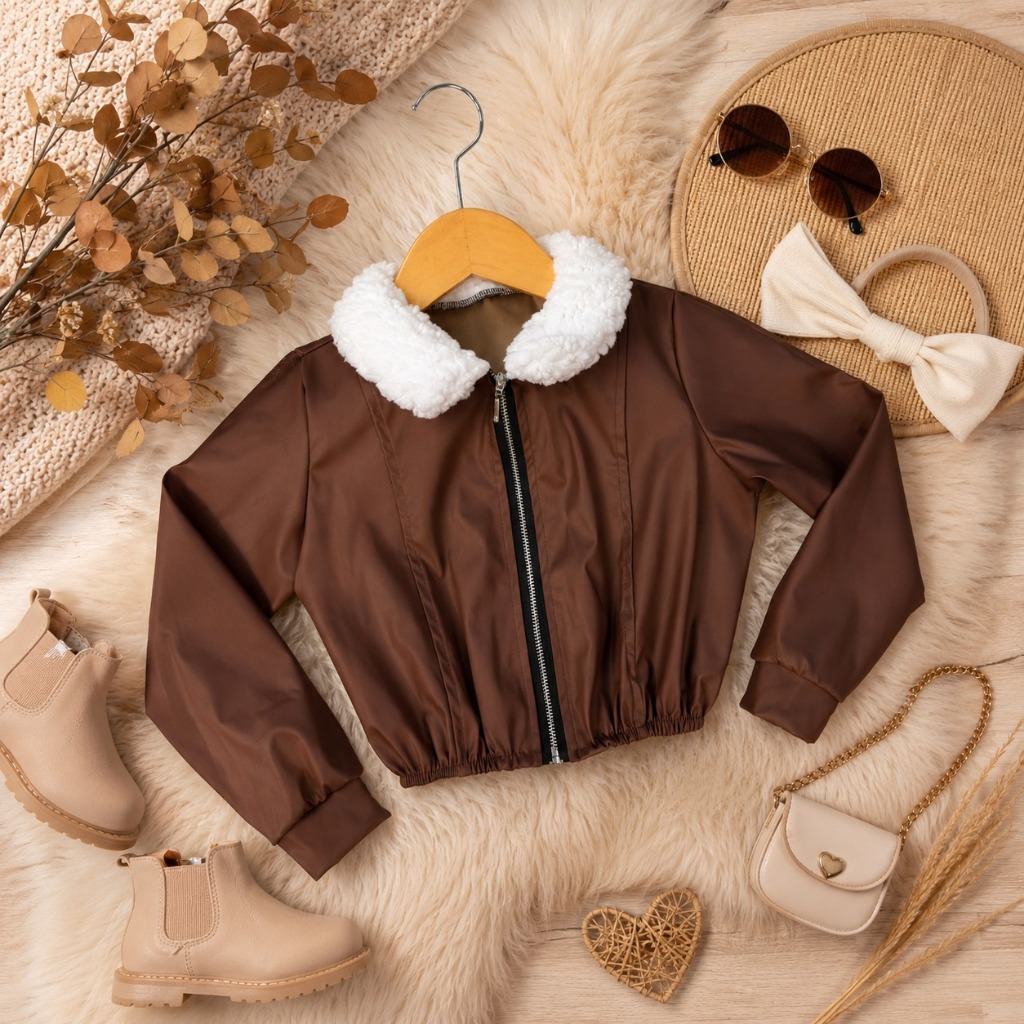 JAQUETA INFANTIL FEMININA COURO FAKE COM PELINHO NA GOLA CASACO DE INVERNO BLOGUEIRINHA MODA FASHION