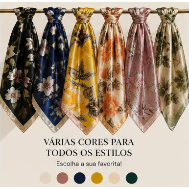 Lenço Feminino 90x90 Cetim Luxo Floral Elegante Multifuncional Para Bolsa Pescoço e Top