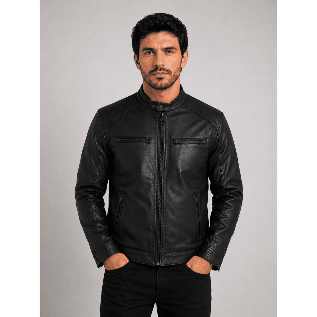 Jaqueta Masculina de Couro Preta Slim Gola Padre com Zíper Preto
