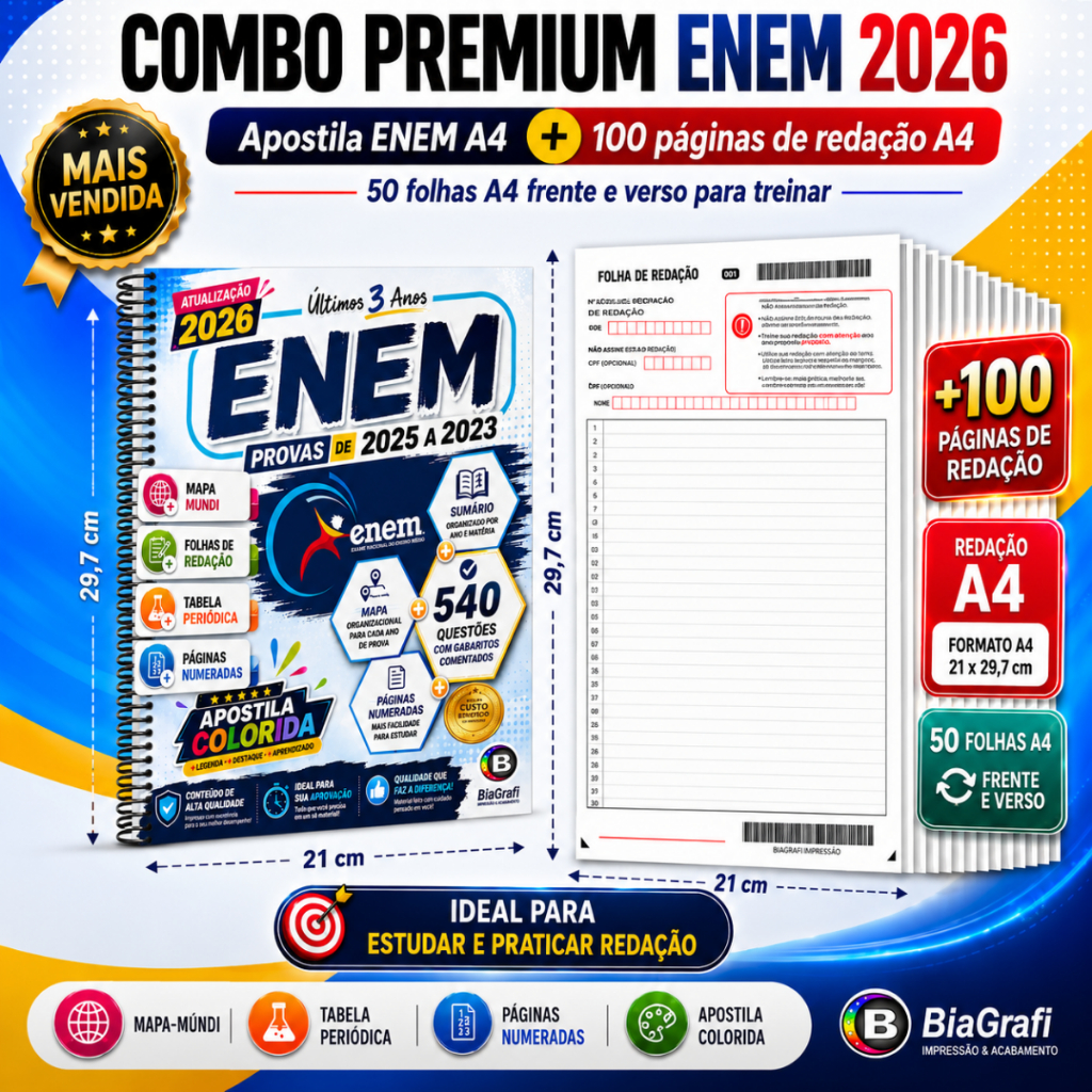Kit Apostila ENEM 2026 Color Últimos 3 anos + Gabarito Oficial + 100 Páginas Redação + Tabela + Mapa