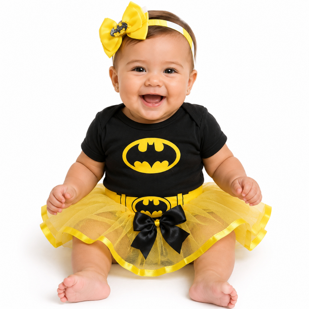 Kit body bebe temático mesversario fantasia Batman /Menino e batgirl menina com saia de tule +laço