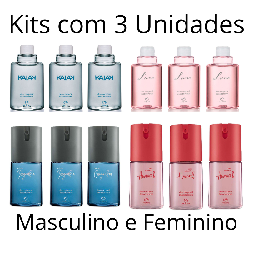Desodorante Spray Natura Kit com 3 Unidades - Masculino e Feminino - 100ml Frasco e Refil