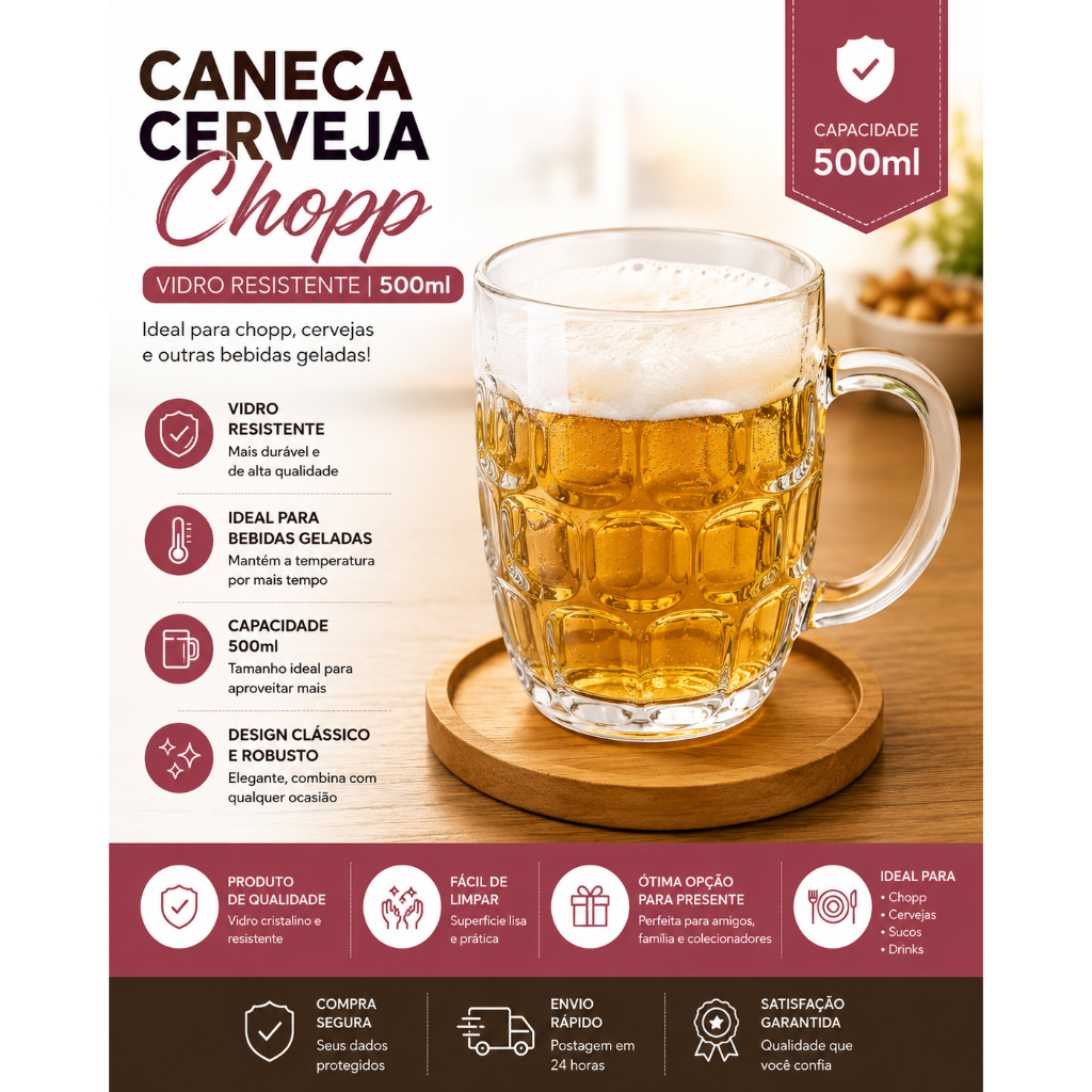 Caneca Cerveja Chopp Vidro 500ml Bar Restaurante Resistente Oktoberfest Alemã Presente Cervejaria