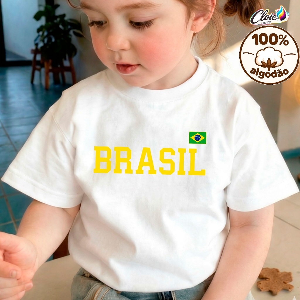 Camiseta Infantil 100% Algodão Menina Estilosa  Fie Passeio Brasil Seleção Brasileira Branca Crianças Leve Delicada Kids