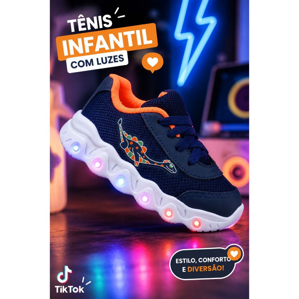 Tenis Dino Led Infantil Dinossauro para Meninos Com Led colorido Pisou Piscou Macio leve e Confortavel — imagem 2 de 2