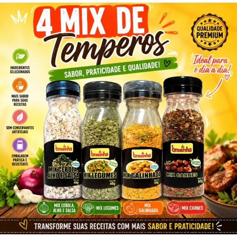 Kit 4 Mix de Temperos Premium Brasinha Natural Completo Cebola Alho Salsa Carnes Legumes Galinhada