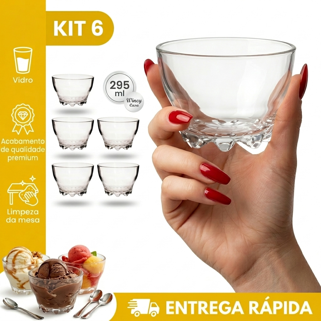 Kit Jogo de 06 Taças Wisdom Sobremesa Sorvete 295 ml Vidro Transparente Liso Desing Moderno Wincy Casa