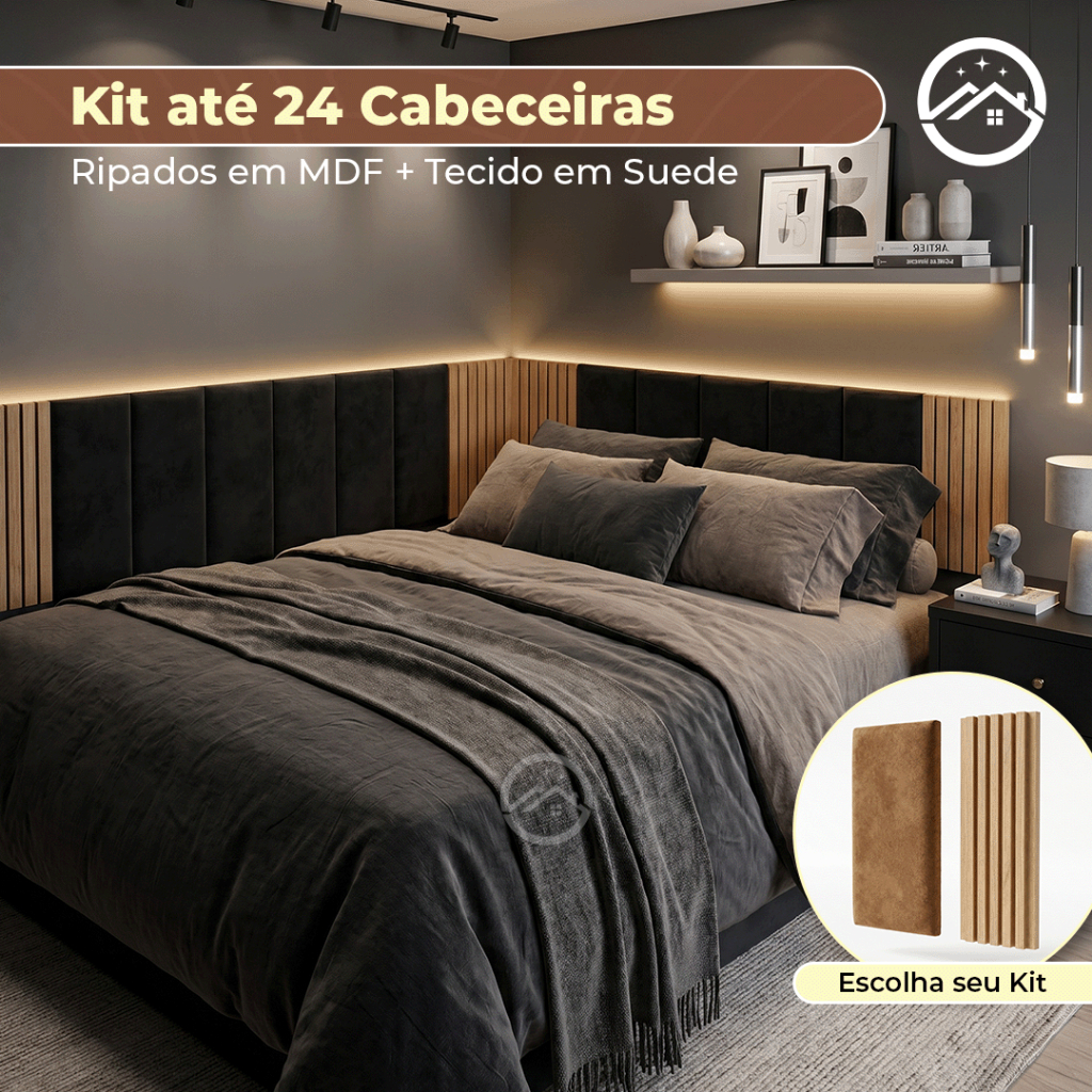 Kit Até 24 Peças Cabeceira Modular em L Painel Ripado MDF Para Cama Box Solteiro Casal Queen King
