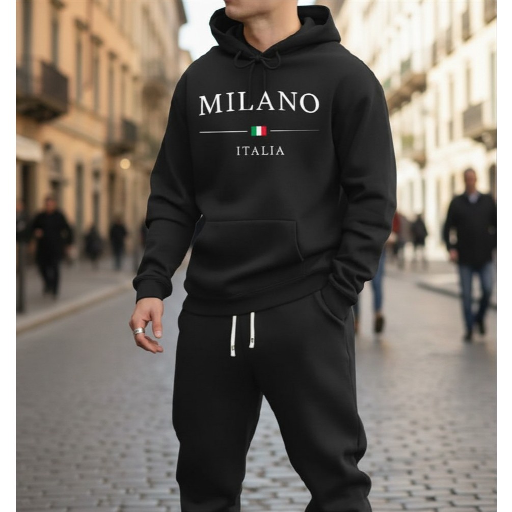 Moletom Canguru Com Capuz Estampado Milano Masculino Blusa de Frio Masculino Gola Redonda Promoção