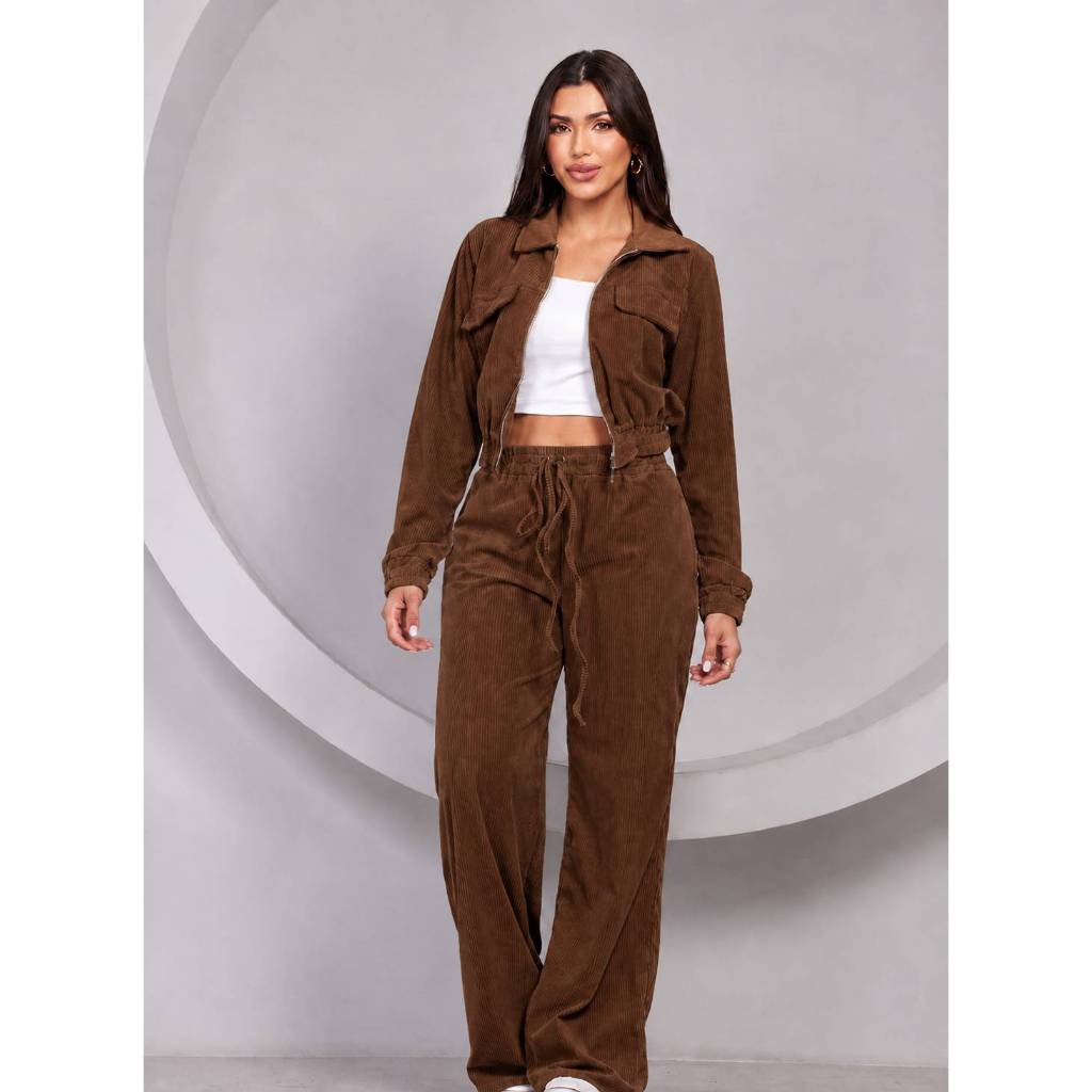 Conjunto Veludo Cotele Feminino Jaqueta Calça Ziper e Bolsos Frontais Aerolook Viagens Elegante Casual Quentinho Inverno