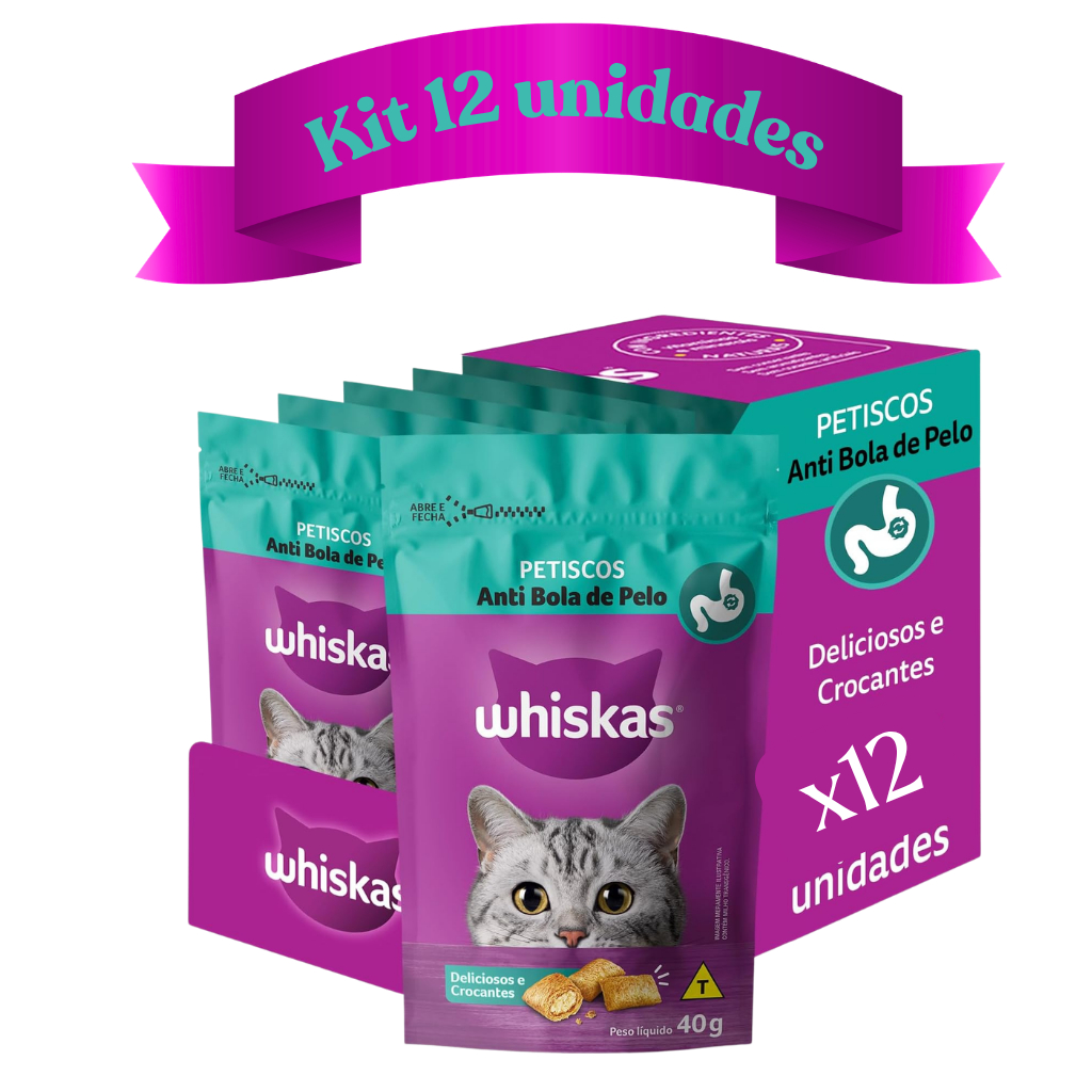 PETISCO WHISKAS TEMPTATIONS ANTI BOLA DE PELO GATOS 40G KIT 12 UN