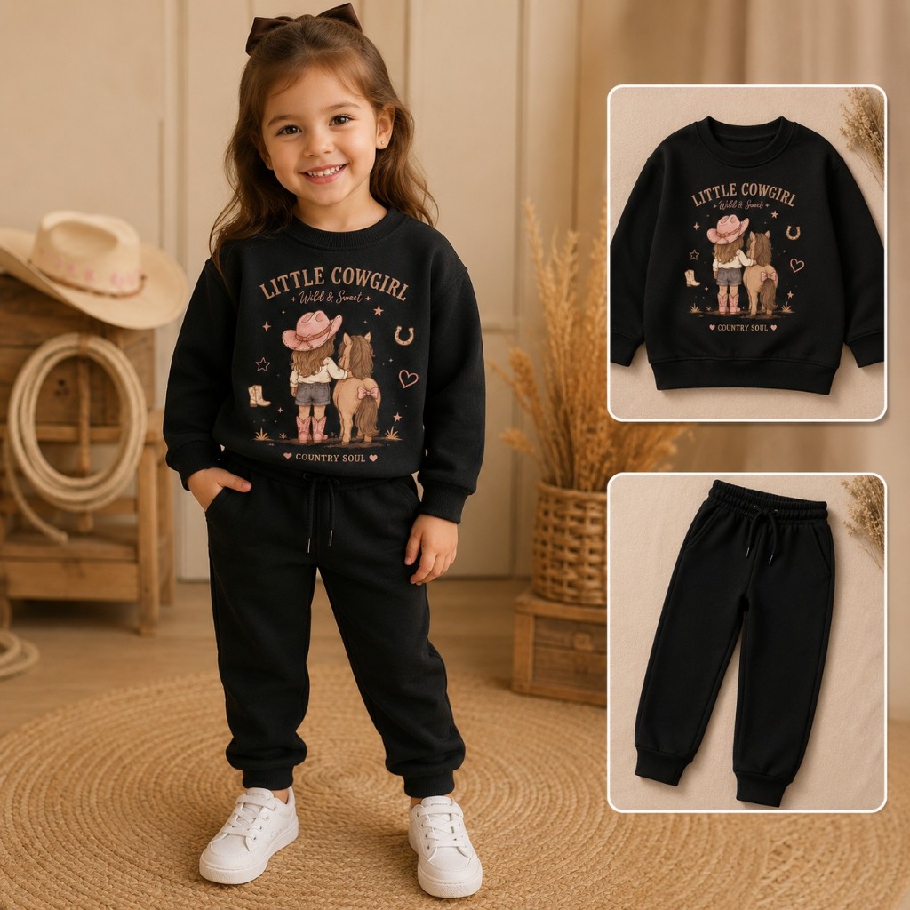 Conjunto Infantil Moletom Country Menina Little Cowgirl Flanelado Inverno Quentinho Calça + Blusa Casual Feminino