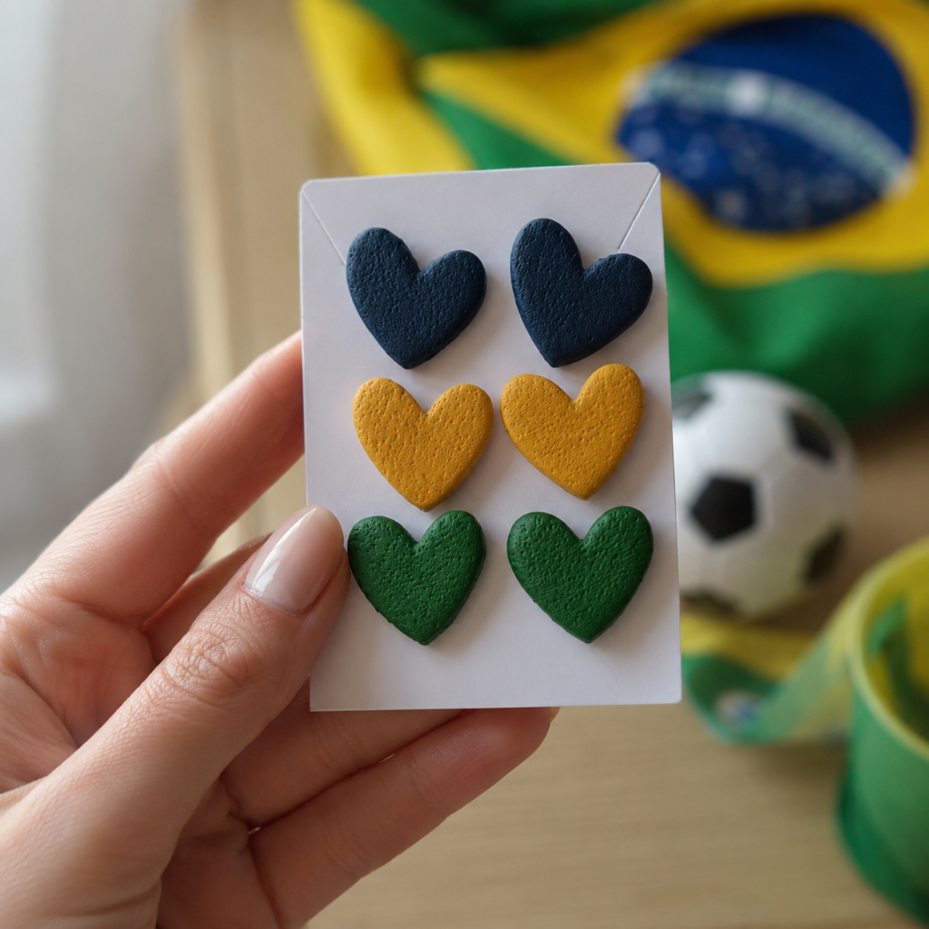 Brinco Trio Coração Brasil Copa do Mundo Artesanal Cerâmica Plástica Tendência 2026