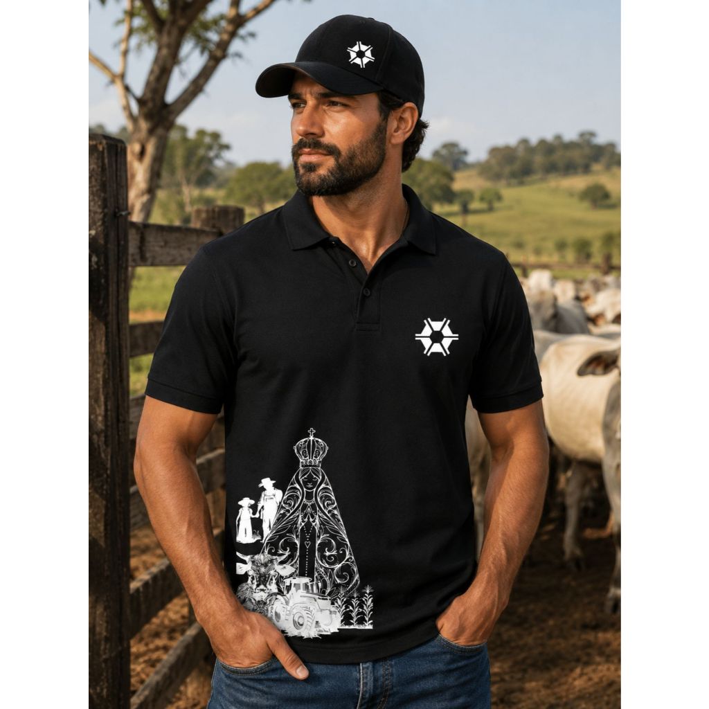 Blusa Camiseta Gola Polo Country + Boné Estampa Santa Nossa Senhora Católica Agroboy