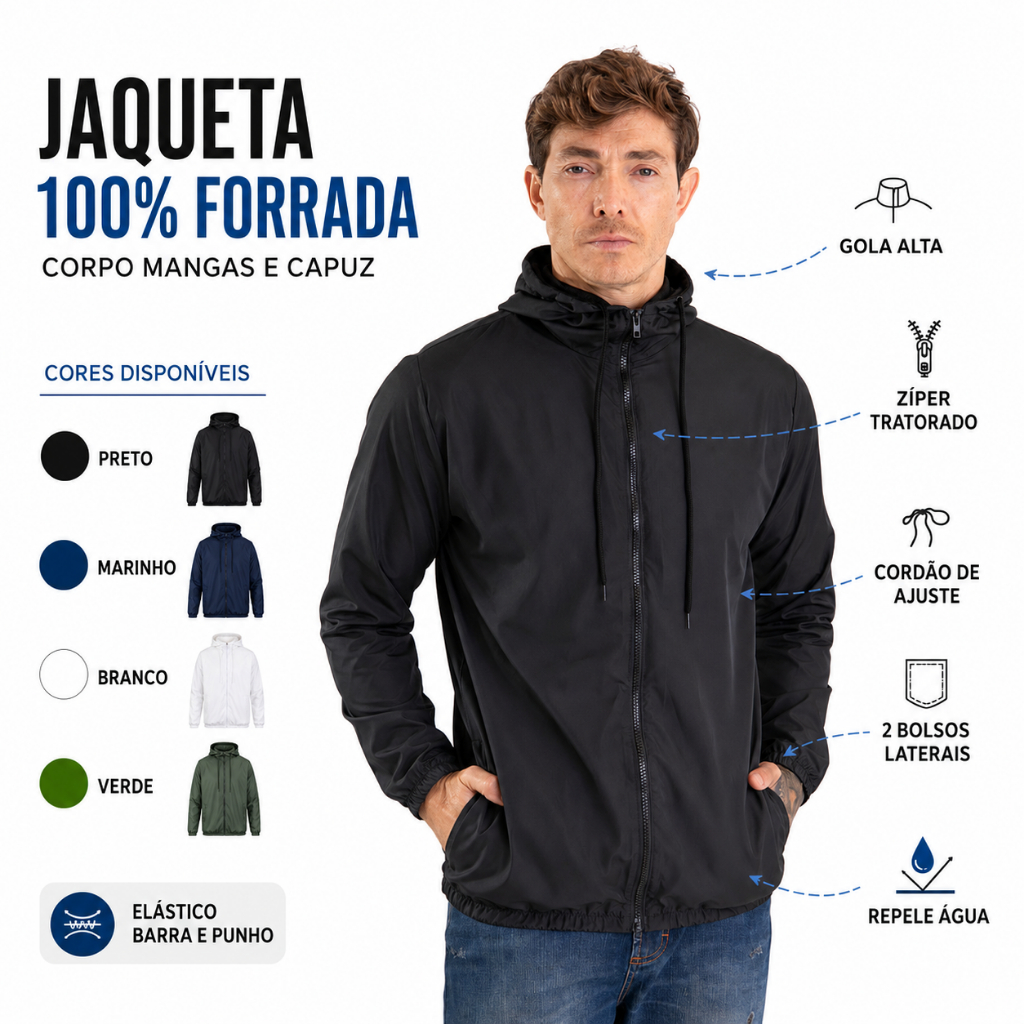 Jaqueta Corta Vento Masculina Toda Forrada Impermeável Estilo Casual Fitness