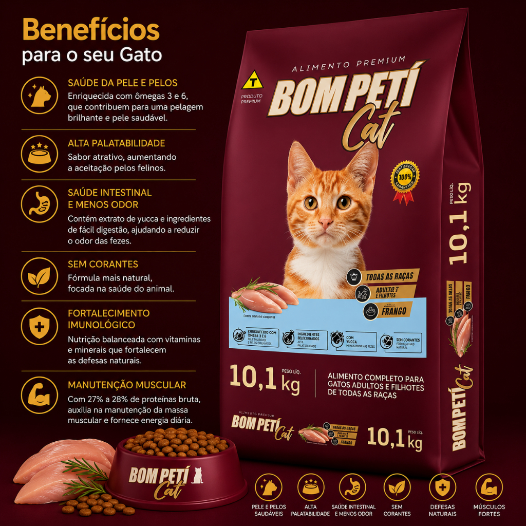 Ração Seca Barata Gato Adulto e Filhote 10.1KG Bom Peti Cat Premium Sabor Frango 27% Proteína