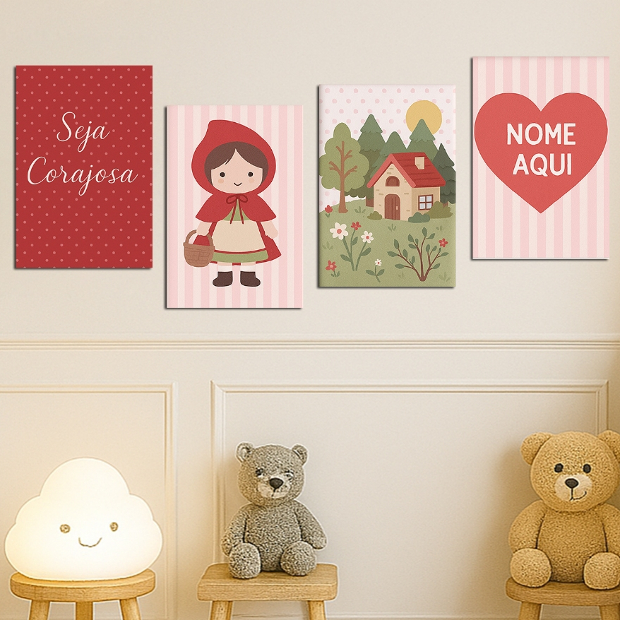Kit 4 Quadros MDF Nome Personalizados – Chapeuzinho Vermelho Nome do Bebê Decoração Infantil Encantadora - 20X30CM