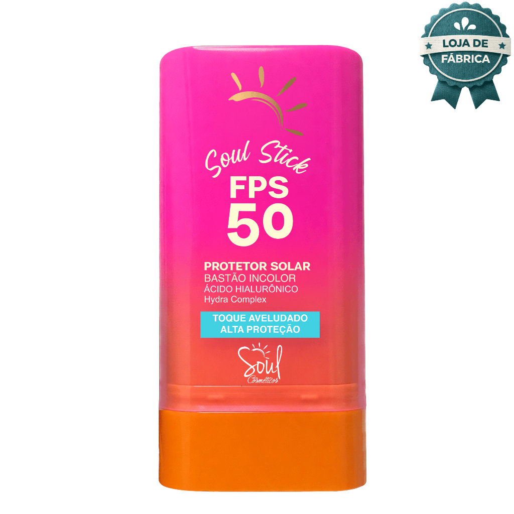 Protetor Solar Stick FPS50 Bastão Incolor Toque Seco Aveludado Vitamina E Ácido Hialurônico Soul