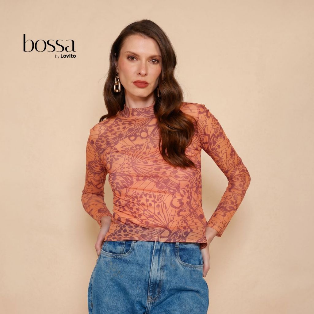 Lovito Bossa Blusa Gola Alta de Tule Feminina Moda Estampada BLB18901920