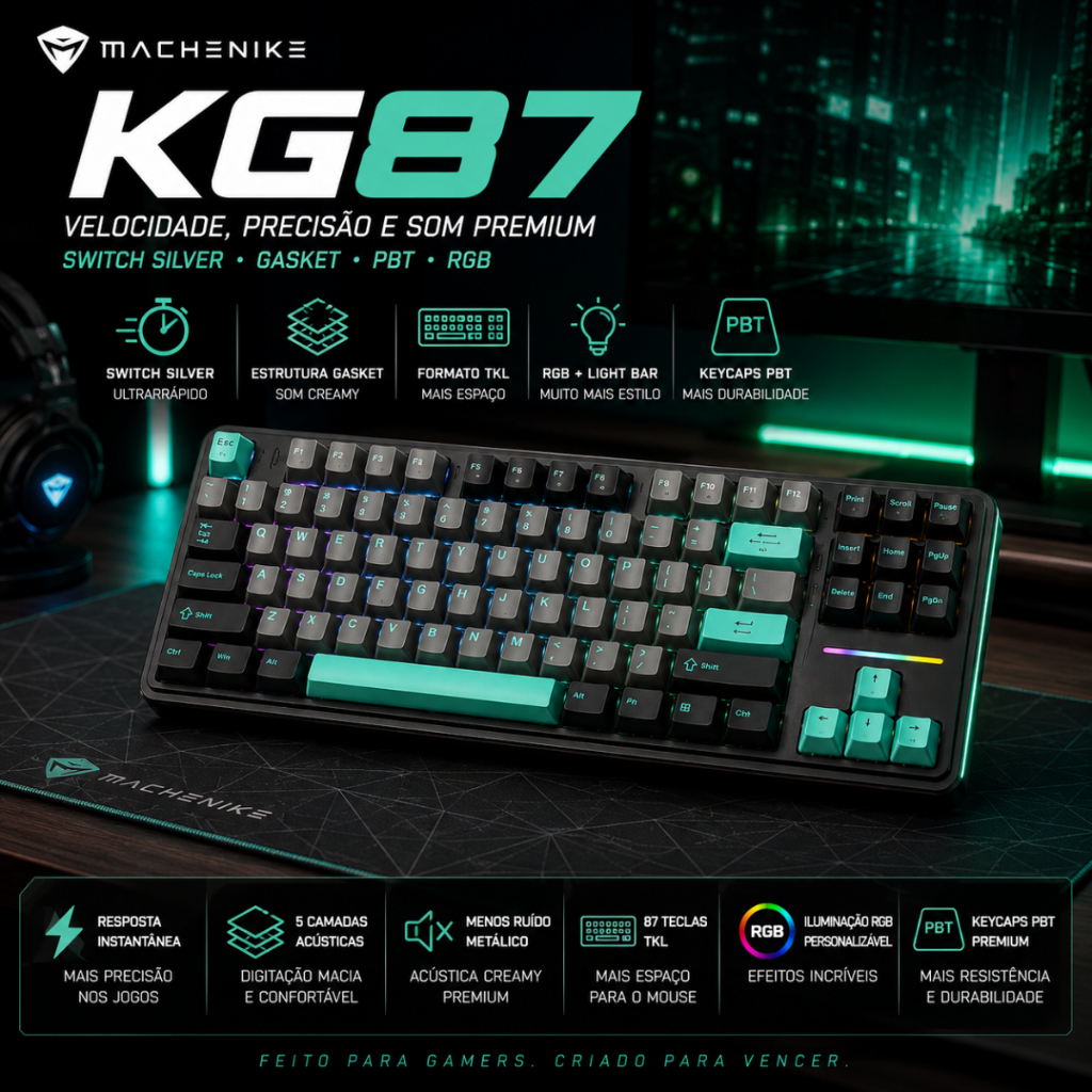 Teclado Mecânico Gamer Machenike KG87 RGB TKL Switch Silver Gasket PBT Creamy Preto Verde