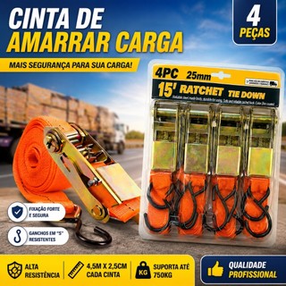 Kit 4 Cinta Amarrar Carga Com trava 4,5 metros Suporta 480kg