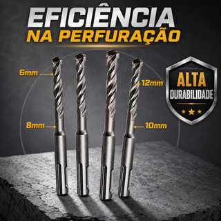 Kit Broca Videa 4 Peças 6mm 8mm 10mm 12mm Encaixe Sds Plus para Concreto e Martelete Obras Alvenaria