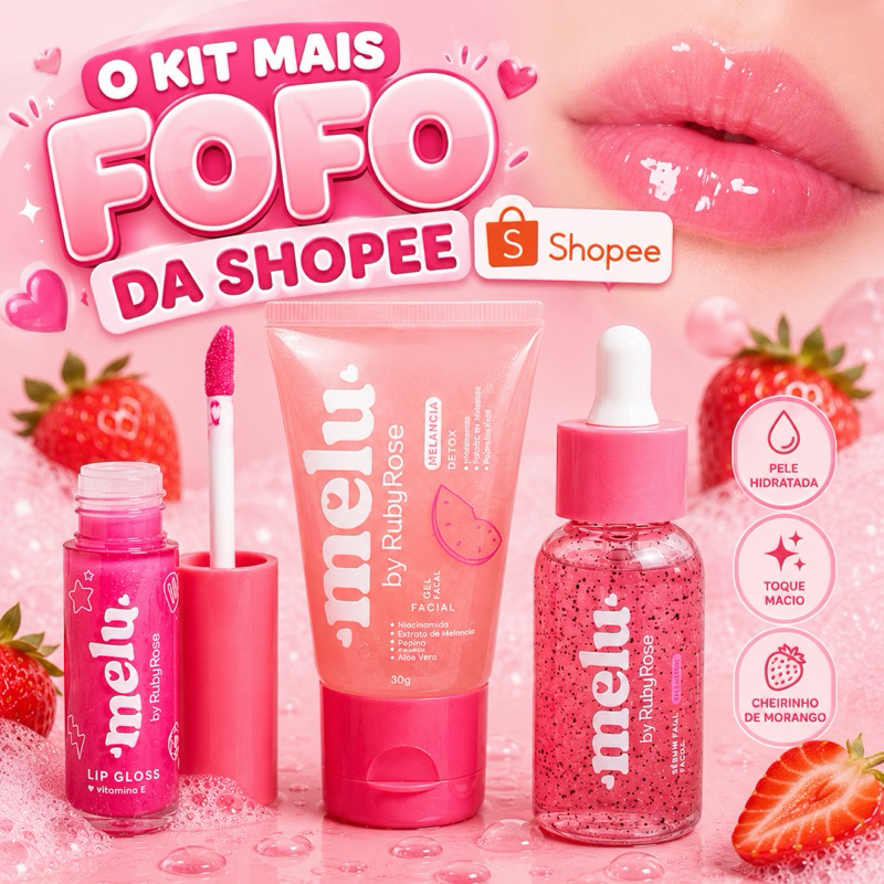 Kit Melu Ruby Rose Infantil Gloss Lip Oil Sérum Facial Gel Facial Rosa Presente Fofo