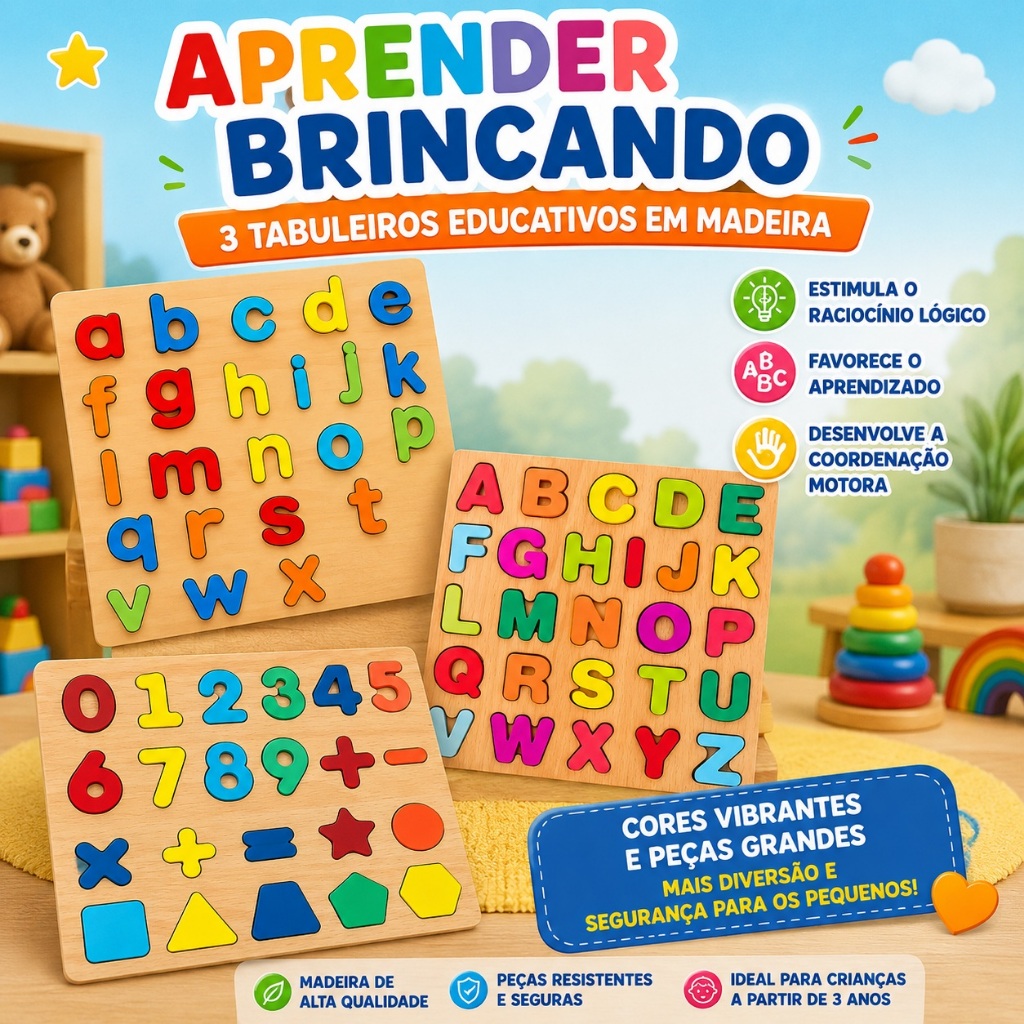 Tabuleiro Educativo em Madeira Infantil Alfabeto Letras Números Formas Pedagógico ENVIO IMEDIATO