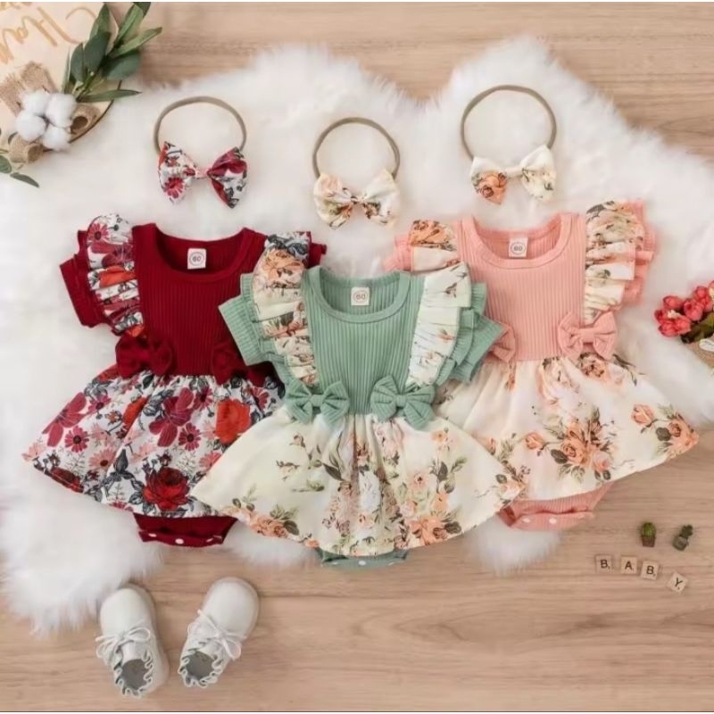 Body Romper Vestido Bebê Menina Floral Macacão Premium Luxo Algodão Elastano Macio Elástico com Faixa até 6 Meses