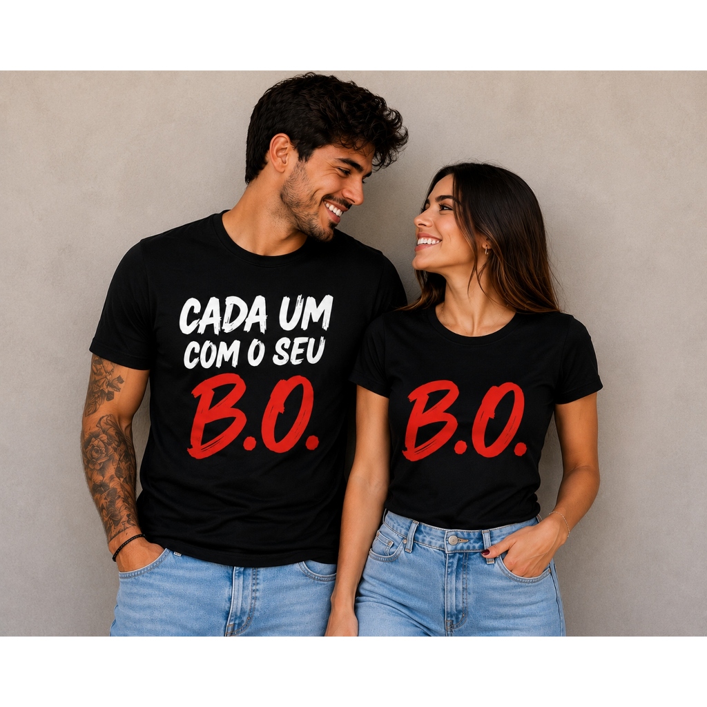 KIT CAMISETA CADA UM COM SEU B.O CAPUZ E BOLSO CASAL DIA DOS NAMORADOS CADA UM COM SEU B.O BO