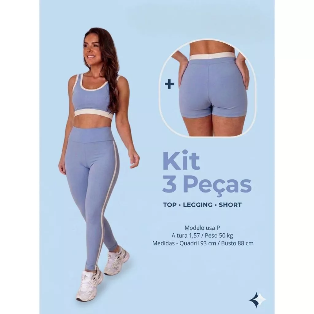 KIT 3 PEÇAS TOP, SHORTS E LEG CÉU cor contrastante