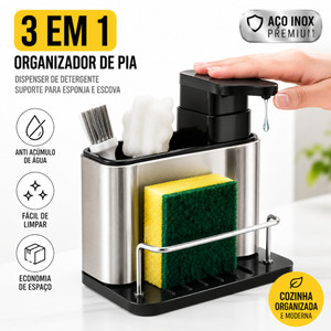 Organizador de Pia 3 em 1 em Aço Inox com Dispensador de Detergente e Suporte para Esponja