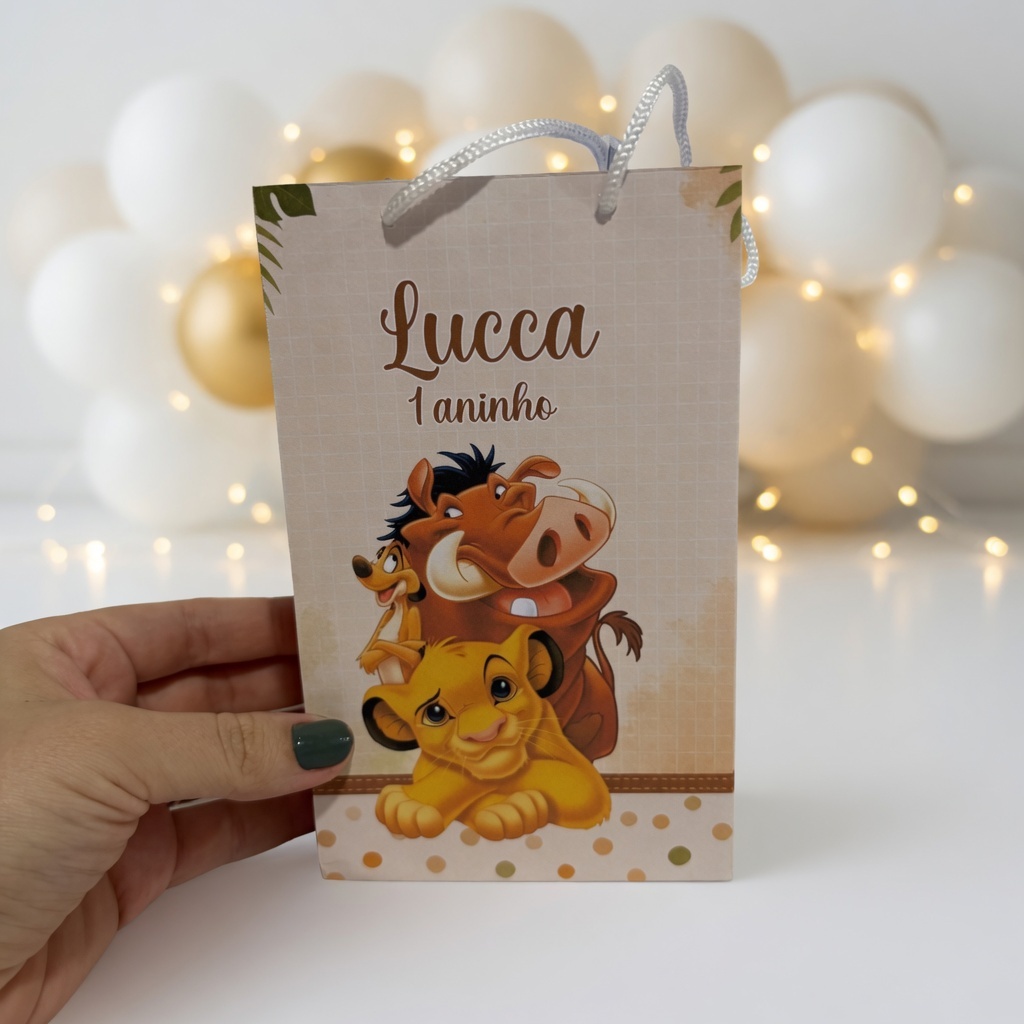 Sacolinha Personalizada REI LEÃO/ TIMÃO E PUMBA Lembrancinha de Festa /Aniversário - SACOLINHA SURPRESA- PEGUE E MONT