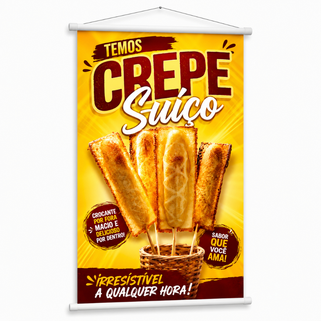 Banner Venda de Crepe Suíço produzido em lona. Cartaz Propaganda Lanchonete Bar Barraca de Feira Eventos Festivais