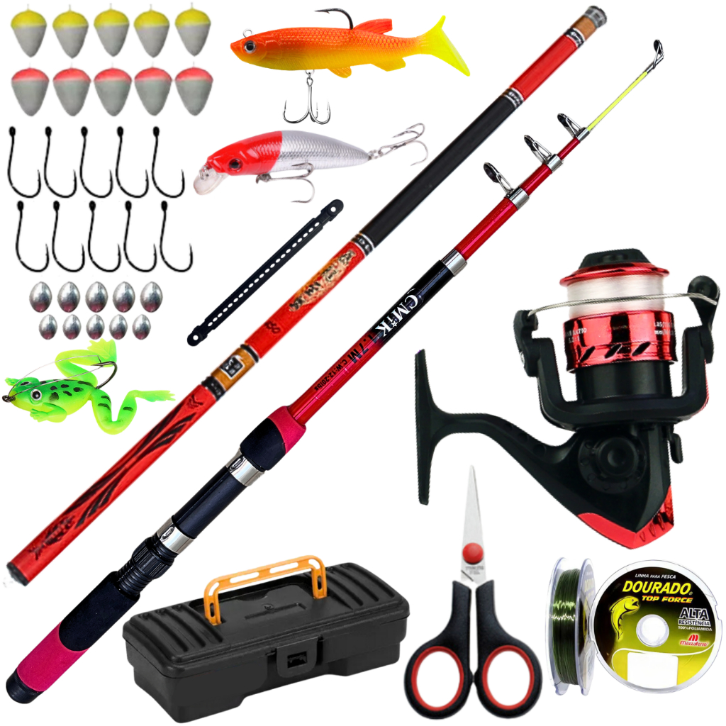 Kit  Completo Molinete De Pesca Vara Telescopica Mão Isca Artificial Pescar  Represa Pesqueiro Praia