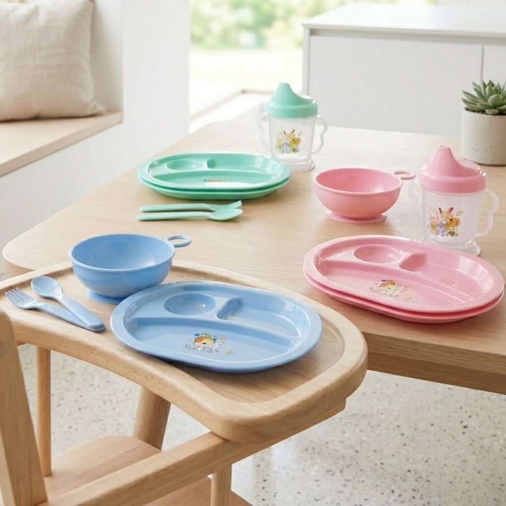 Kit Papinha Alimentação Bebê Rosa Azul Verde 5 Peças Prato Talheres Infantil Completo
