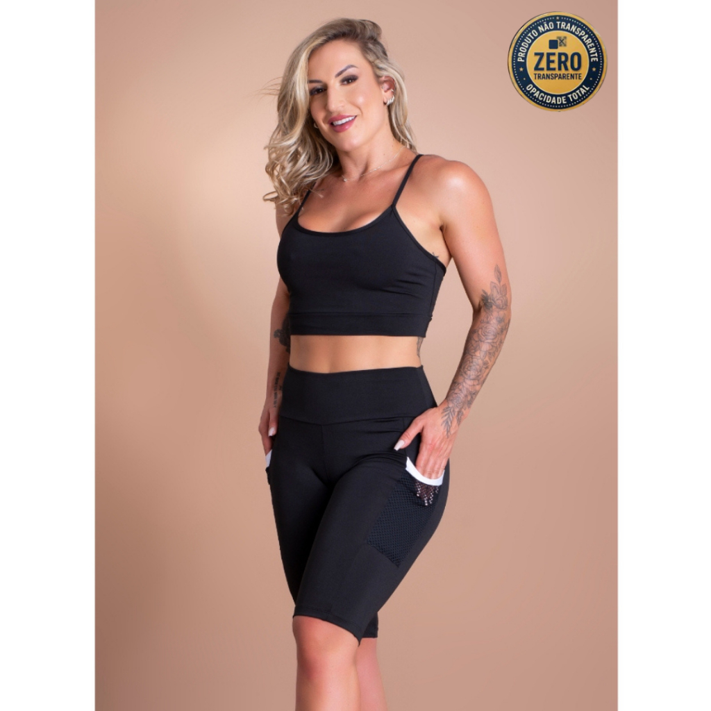 Conjunto Fitness Bermuda Com Bolso Lateral E Top Cropped Alcinha Feminino Treino Moda Academia ZERO TRANSPARÊNCIA
