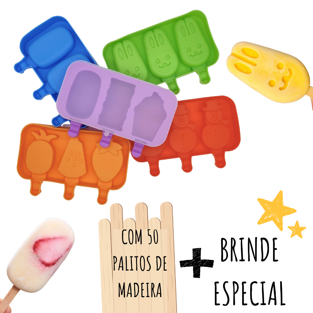 Forma de Silicone Picolé Tampa Palito Madeira Molde Silicone Sorvete Desenho Animais Bichinhos Fruta