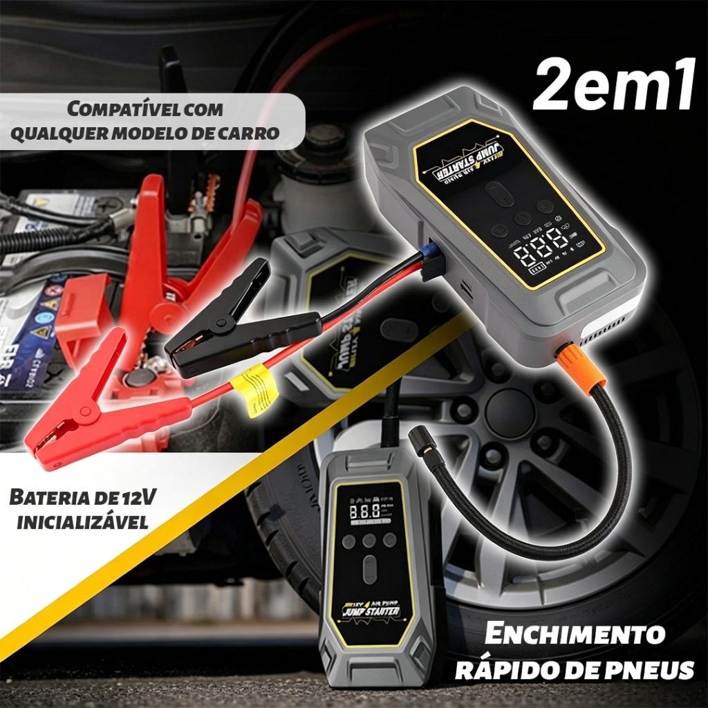Auxiliar de Partida Veicular Multiuso com Inflador de Pneus, Lanterna e Power Bank Portátil